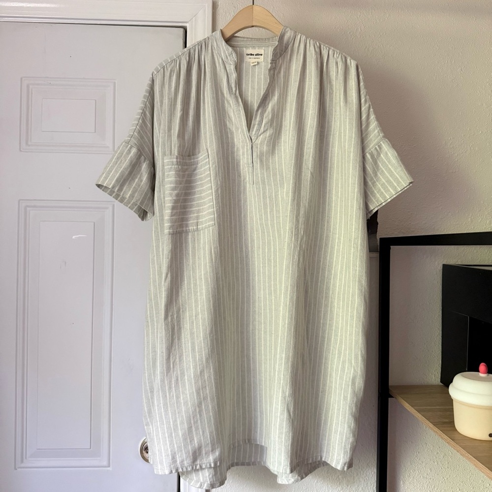 TRIBE ALIVE‎ heather grey cotton boxy striped short sleeve popover shirt dress